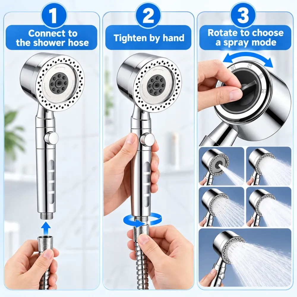 5 Spray Filtered Shower Heads High Pressure Large Flow ABS Portable Shower Head with Stop Button Universal Bathroom Nozzle gallery 3