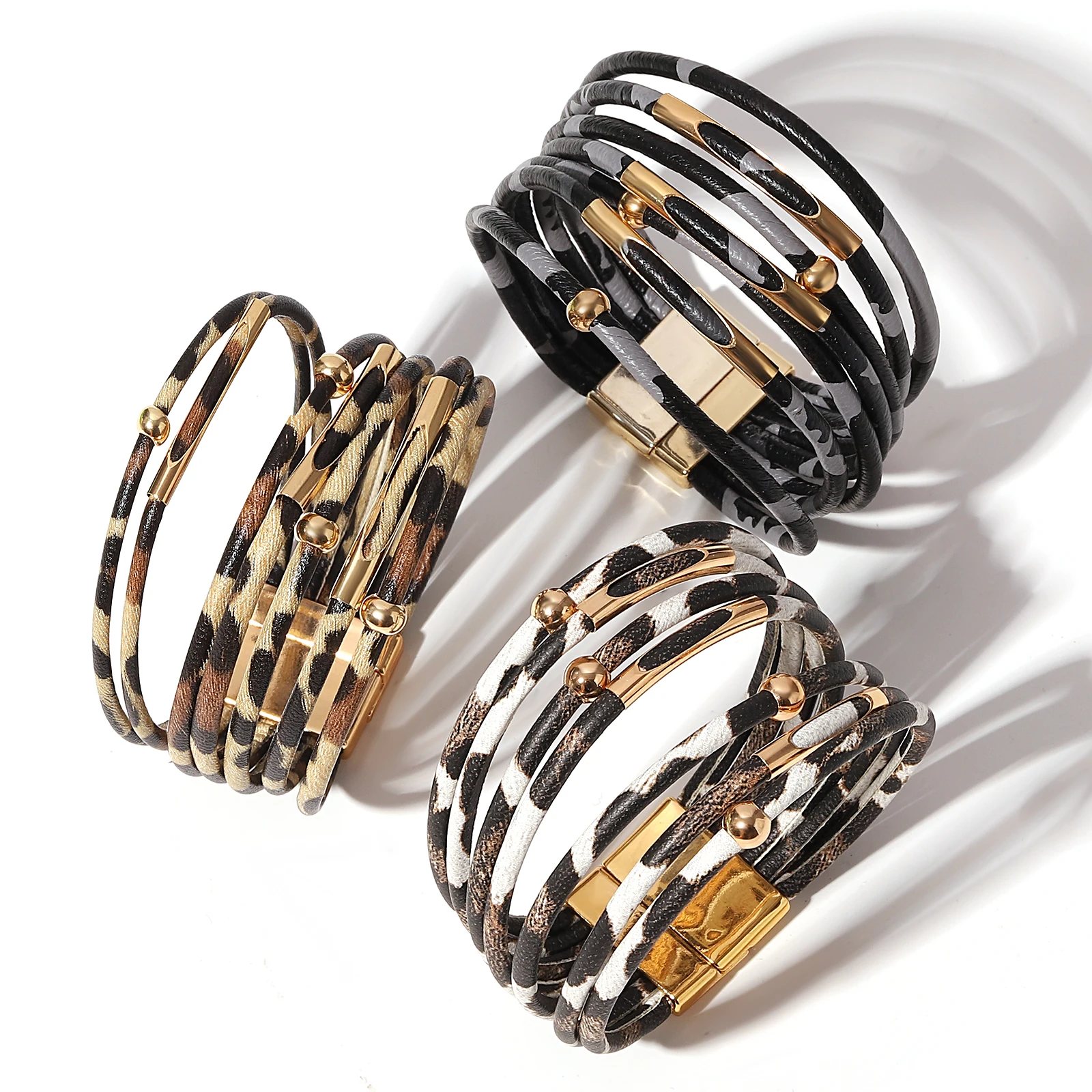 Greatera Europa Vereinigte Staaten Legierung Magnet Schnalle Leder Leopard frauen Armreif Tragen Perlen PU Seil Armband Kupfer Schmuck