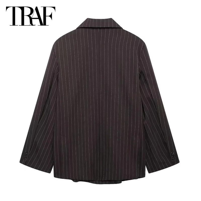 TRAF Striped Blazer 2024 Women's Autumn Winter Elegant Office Long Sleeve Outerwears Fashion Casual Black Oversized Blazer Coat