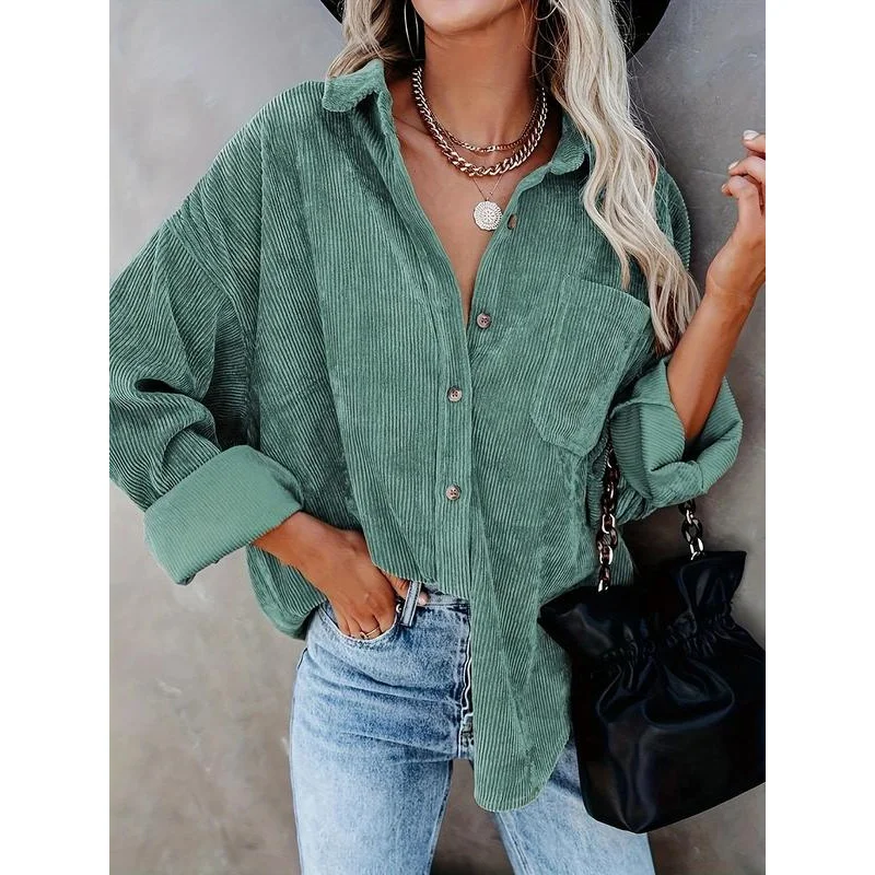 Women's Plain Poet Button Front Corduroy Shirt, Casual Drop Shoulder Long Sleeve Blouse Top for Fall, Ladies Clothes for Daily W