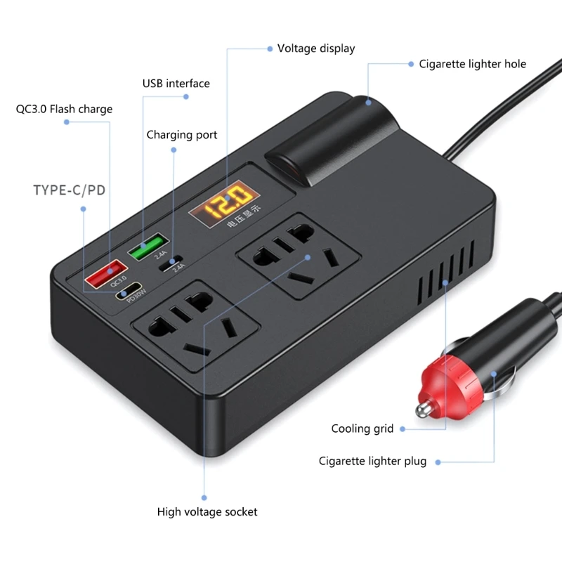 120W Car Power Inverter with PD 30W Type-C & USB-A Port DC12V-24V to 220V Car Plug Adapter Outlet Vehicle Essential