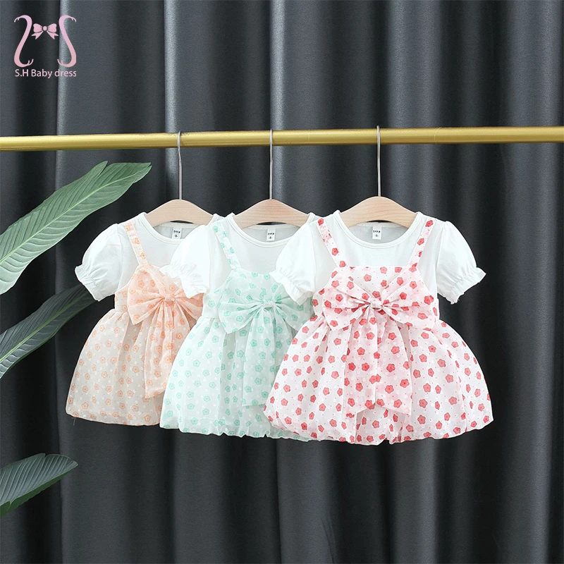 Summer T-shirt Baby Girl Dress Cute Flower Kids Costume Thin Short Sleeve Korean Style Toddler Children's Clothes 0 To 3 Years