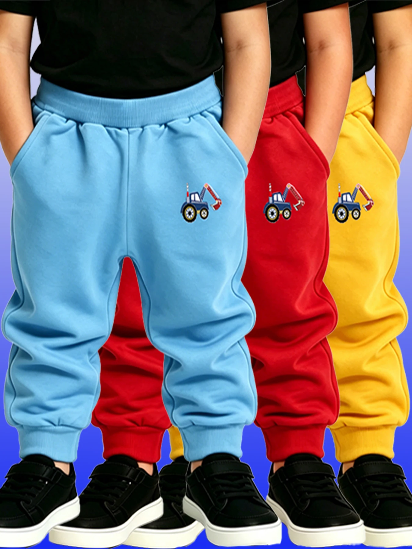 3PCS SkyBlue Red Yellow Kids Soft Skin Friendly Sweatpants Fun Excavator  Pattern Casual Trousers Daily Wear Children's Pants