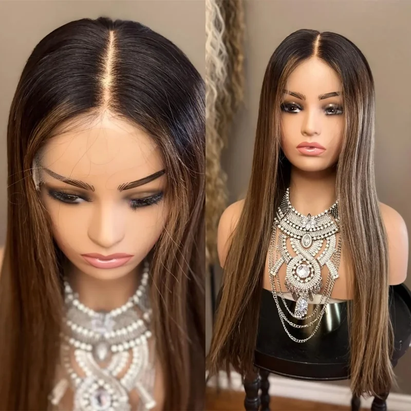 

28 Inch Soft Long Straight Wig 13x4 Middle Part Ombre Chestnut Brown Balayage Synthetic HD Lace Front Wig 150% Density for Party