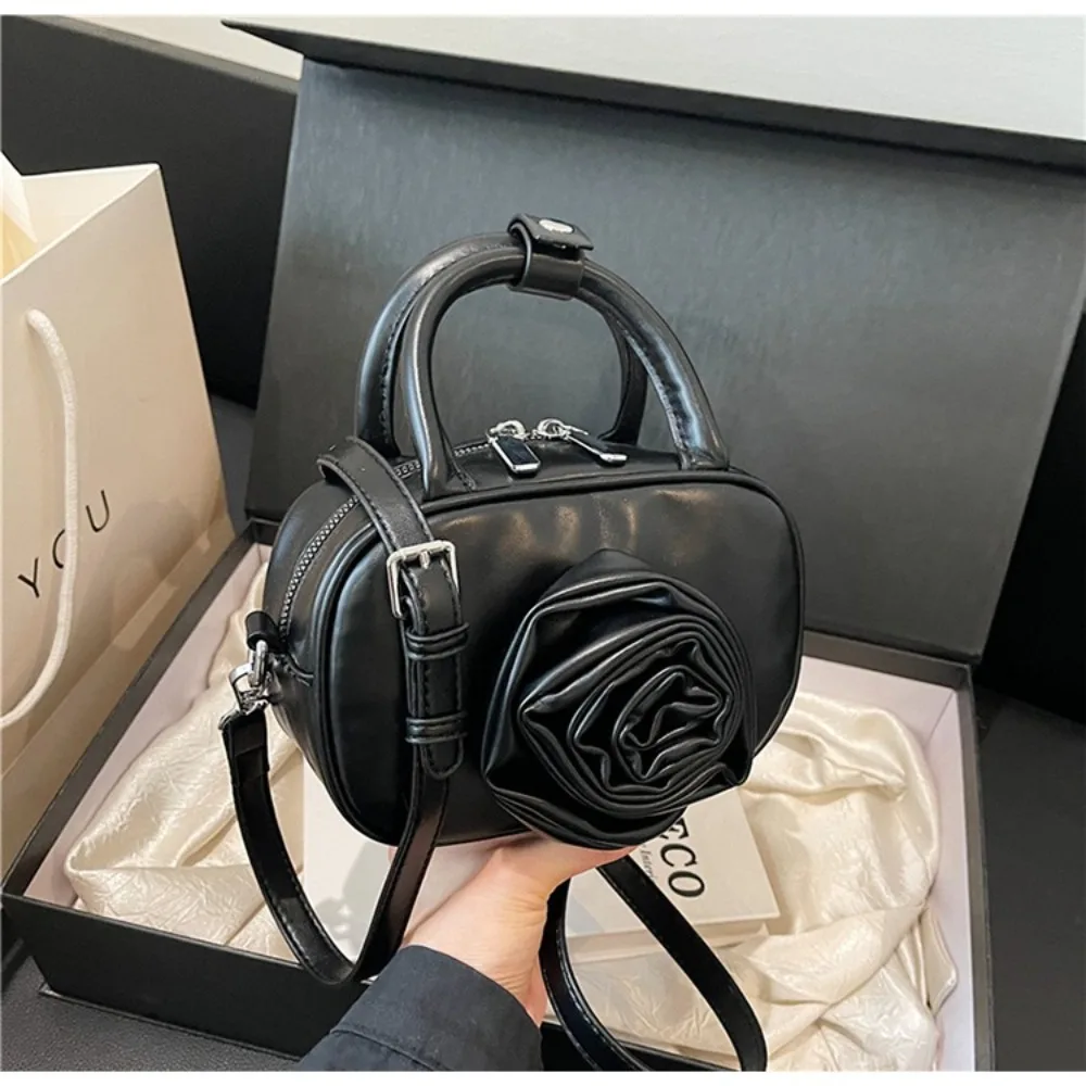 

Fashion PU Leather Rose Flower Bowling Bag Single Shoulder Solid Color Silver Handbag Y2K Purse PU Crossbody Bag Underarm