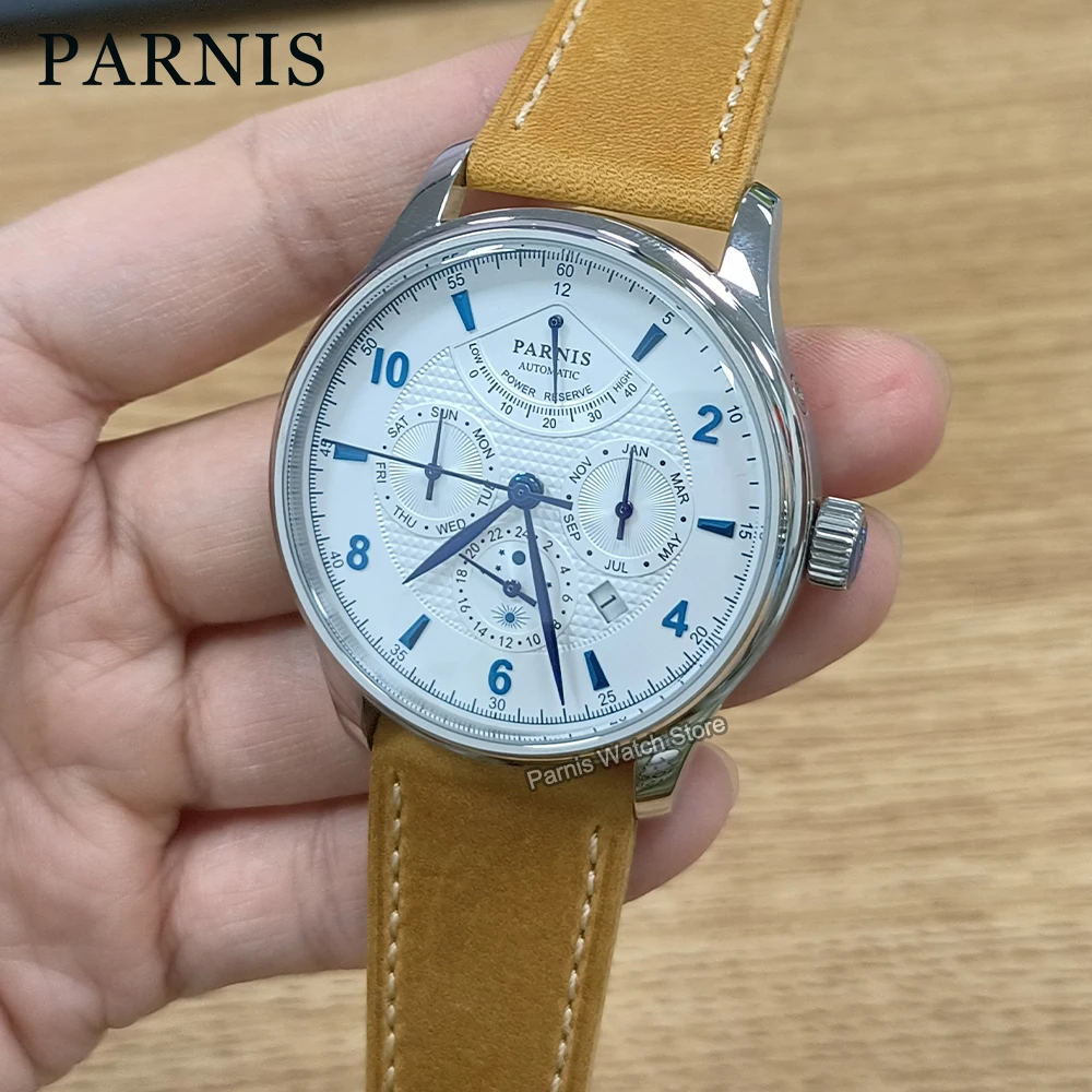 Parnis 43mm Sapphire Crystal 9100 Automatic Men Watch White Dial  Power Reserve Indicator Stainless Steel Case Brown Strap