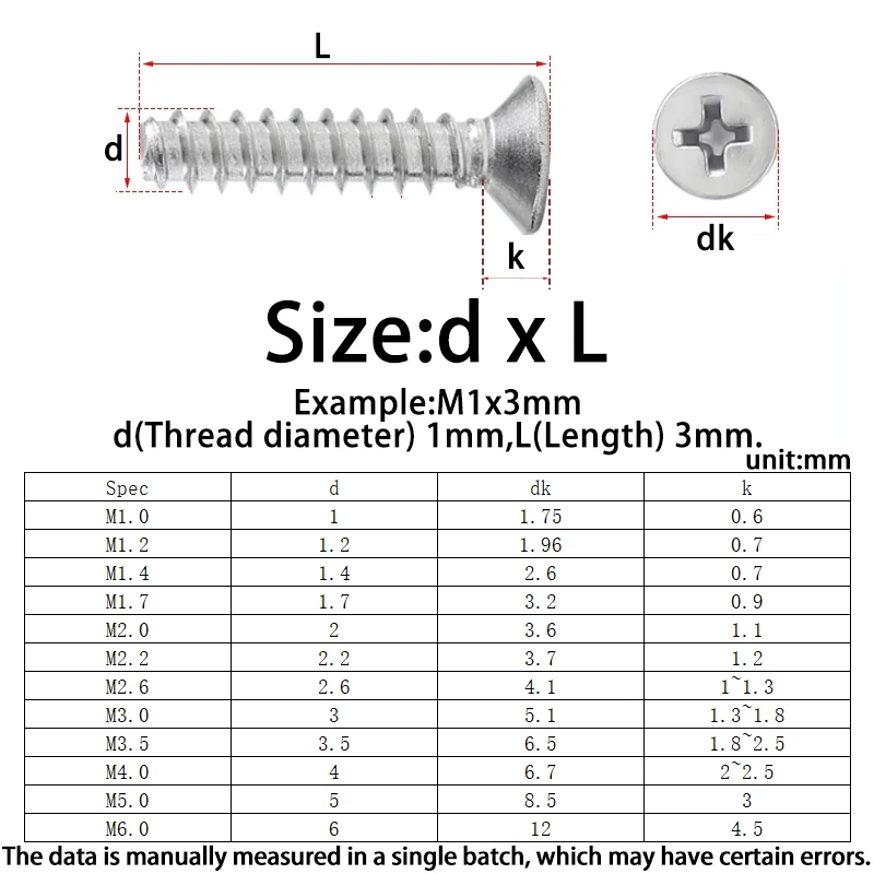 M1 M1.2 M1.4 M1.7 M2 M2.2 M2.6 M3 M3.5 M4 M5 M6 304 Stainless Steel KB Cross Recessed Countersunk Head Self-tapping Screws
