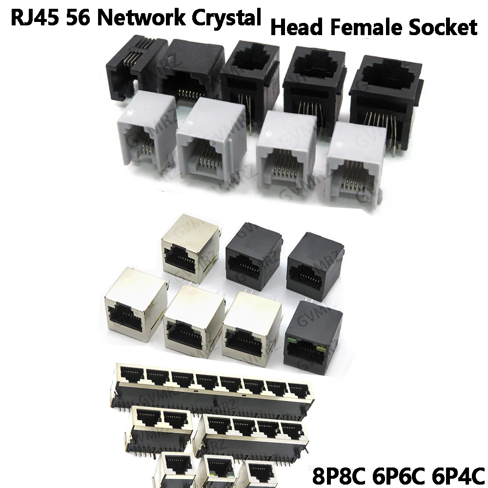 RJ45 56 Network Crystal Head Female Socket 4P4C 6P6C Network Cable Interface Female Connector With Light Shrapnel 8P8C