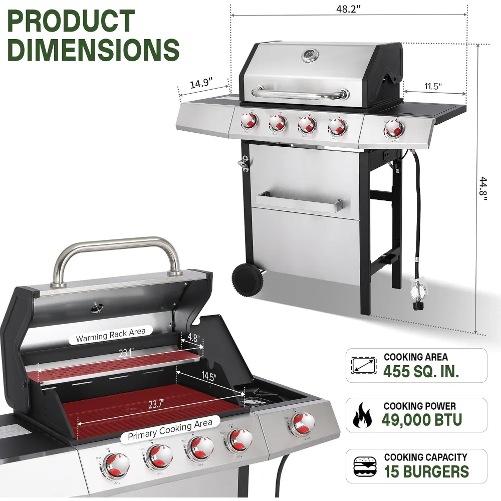 Gas and Charcoal Grill Combo with Side Burner, 4-Burner Propane Grill and Griddle Combo with Porcelain-Enameled Cast Iron Grates