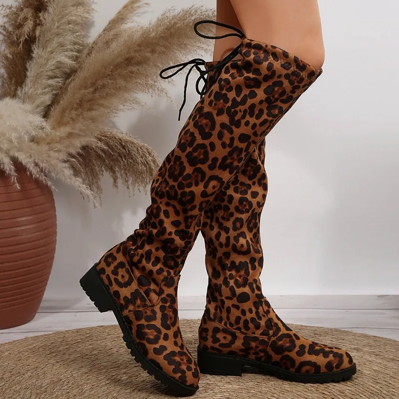 Women's Long Tube Boots Thick Heel over Knee Elastic Slim Boots Sexy Leopard Print Women Shoes Fashion Round Toe High Boots 2025