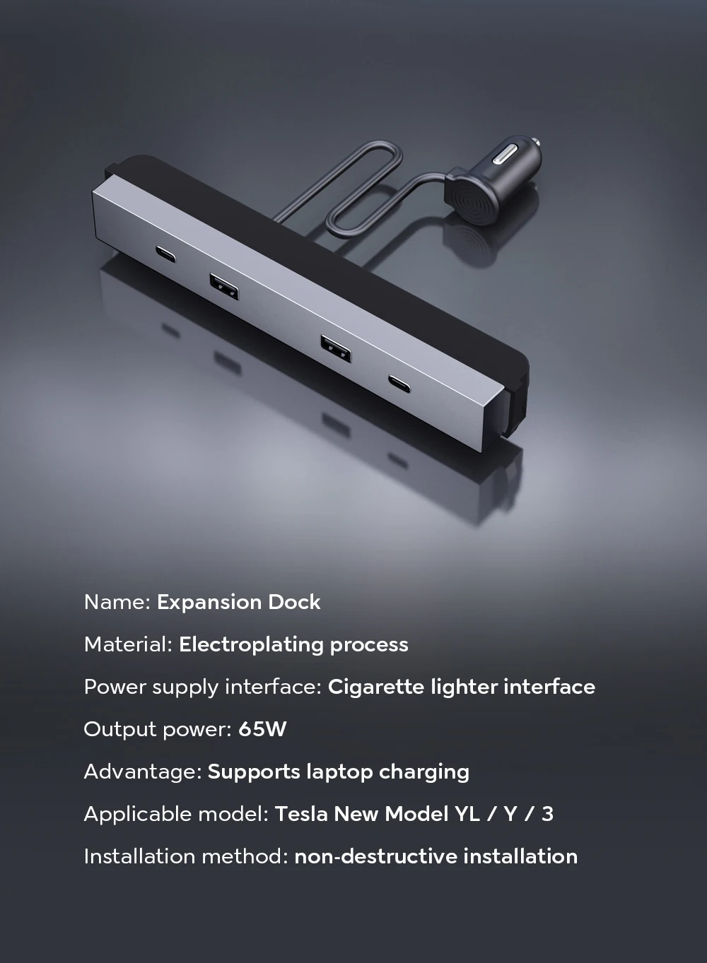 TESY Für Tesla Model YL Y Launch Juniper 65W Zentralsteuerungs-Typ-C-USB-HUB Schnellladestation Model 3 Highland Erweiterungsdock – Detail 4