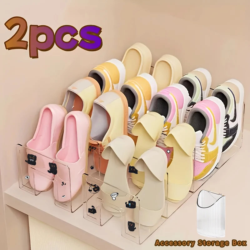 2PCS Clear Acrylic Shoe Rack Free Cat Stickers Pen Holder Space Saving Slipper Sneaker Closet Bedroom Entryway Storage Stand