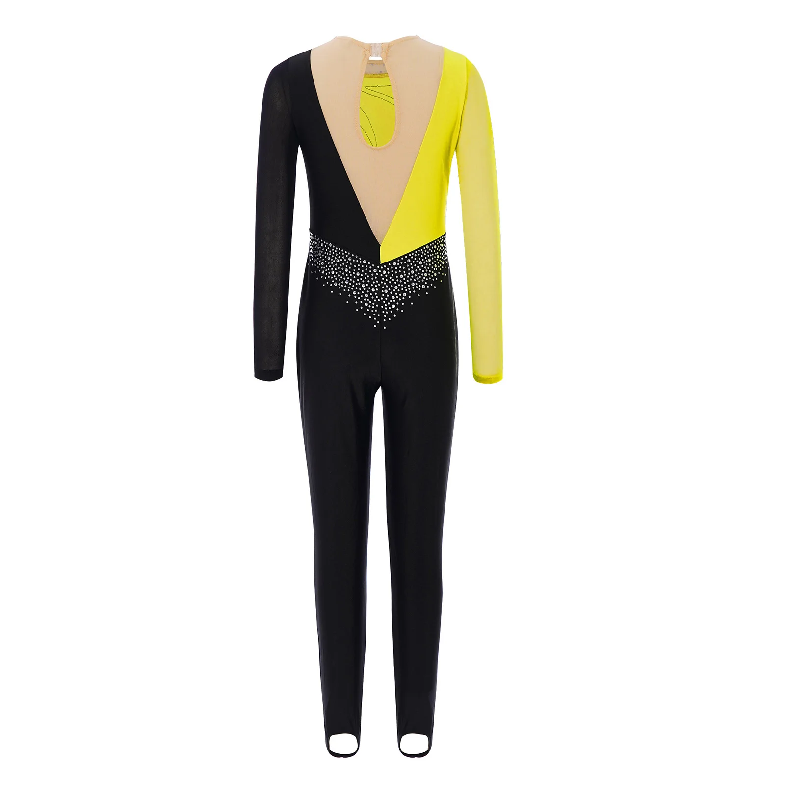 أطفال بنات الجمباز أداء زي شبكة المرقعة طويلة الأكمام ثقب المفتاح الخلفي لامعة الراين كتلة اللون الرقص بذلة