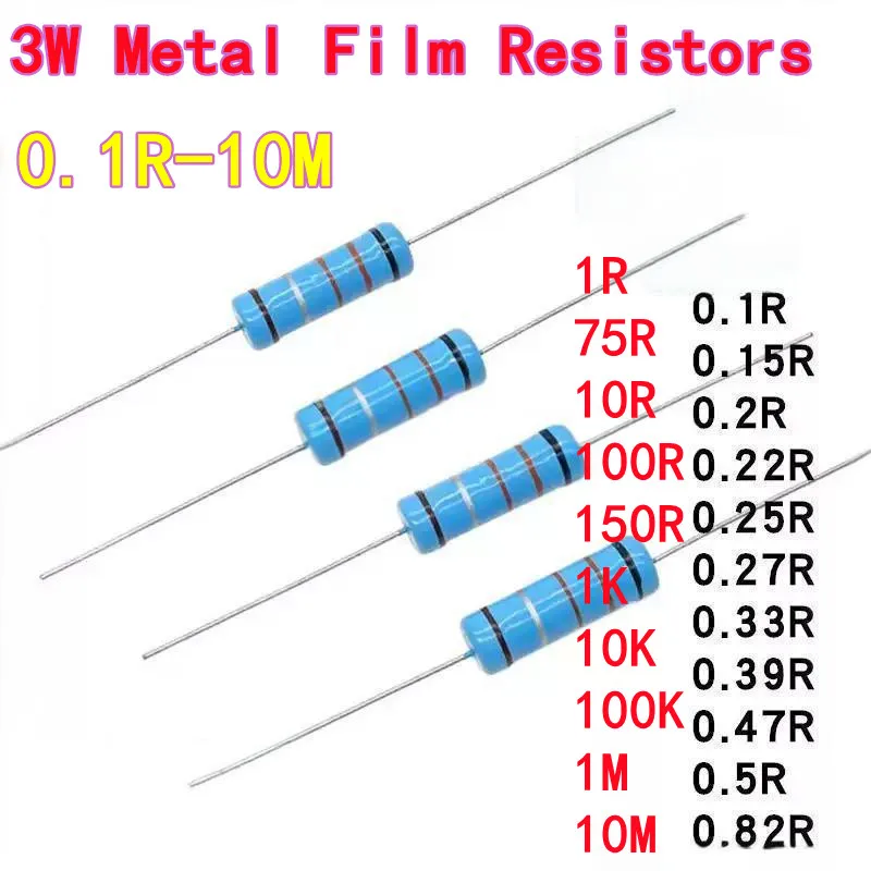 10PCS 3W Metal Film Resistors with 1% Tolerance 1R 10R 100R 1K 10K 100K 1M 0.1R 0.22R 0.25 0.33R 0.39 0.47R 0.5R 0.82