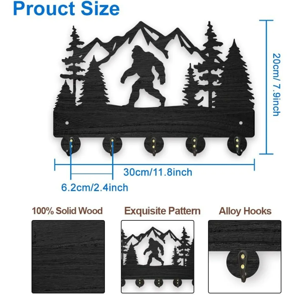 Wooden Mountain Ape Key Holder for Wall 7.8x11.8inch Forest Animal Tree Key Rack Hooks Decorative Wall Hook with 5 Alloy Hooks