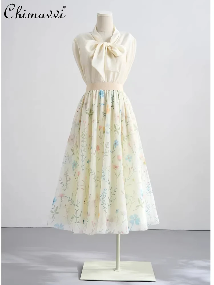 

Элегантная женская длинная юбка во французском стиле с цветочным принтом, высокой талией, А-силуэта, из сетки, для лета, в стиле феи