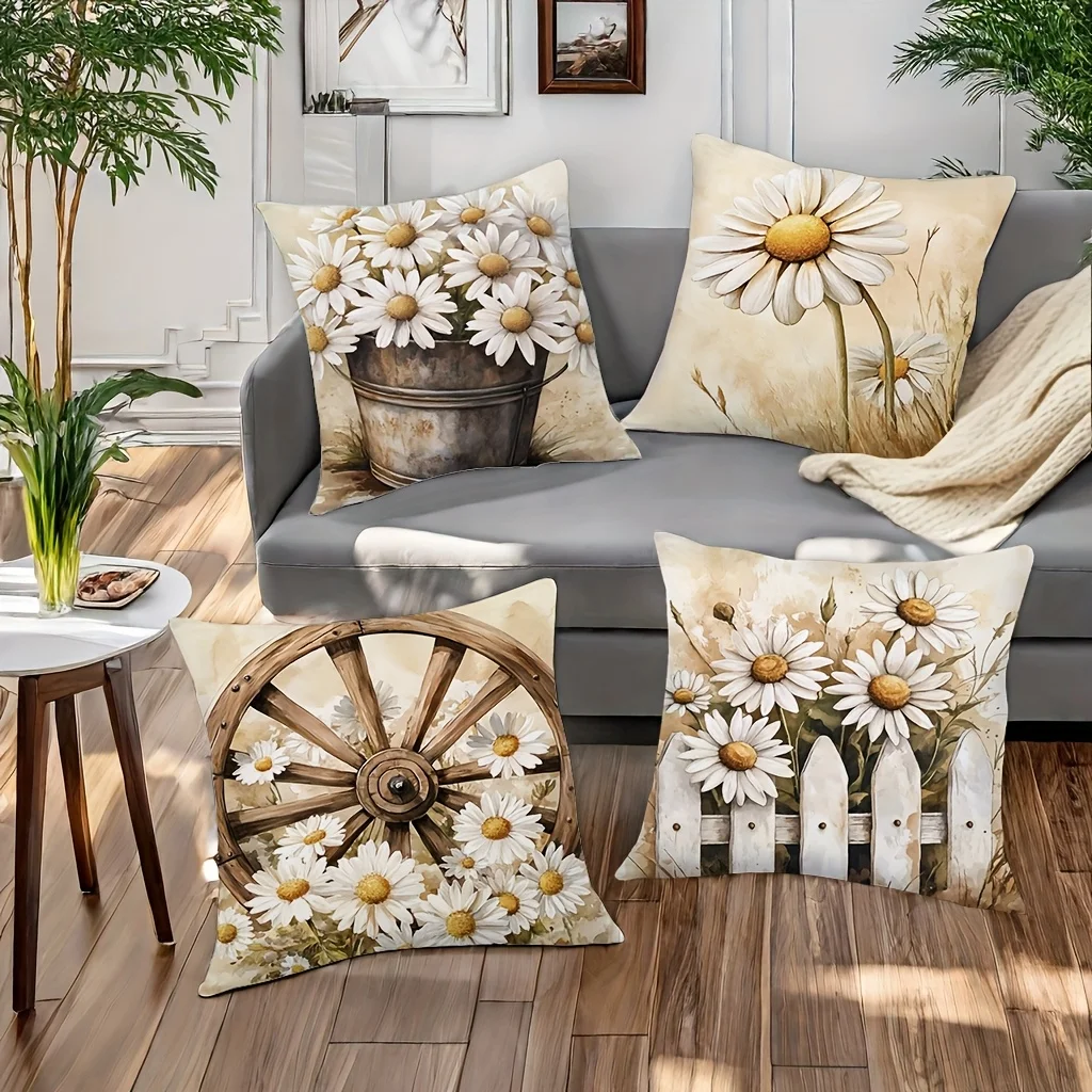 4 unidas  fundas  almohada  flor  margarita, 45,01 cm x 45,01 cm - Estilo  granja, poliéster suave, con cierre  cr