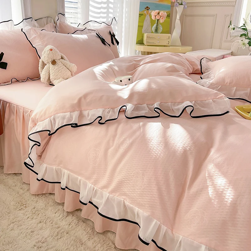 Princ Sle Bedding Set Four Pieces Pure Cotton Lace Bed Skirt Design Naked Sp Girl Heart Single Bed eet Cover Pattern