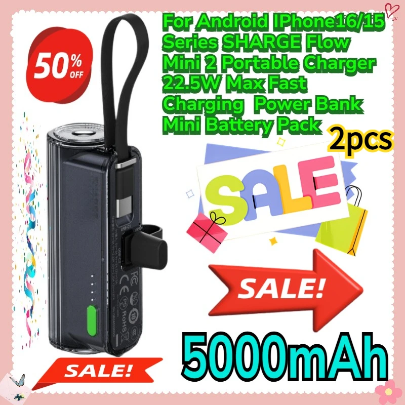 

For Android IPhone16/15 Series SHARGE Flow Mini 2 Portable Charger 22.5W Max Fast Charging 5000mAh Power Bank Battery Pack 2pcs
