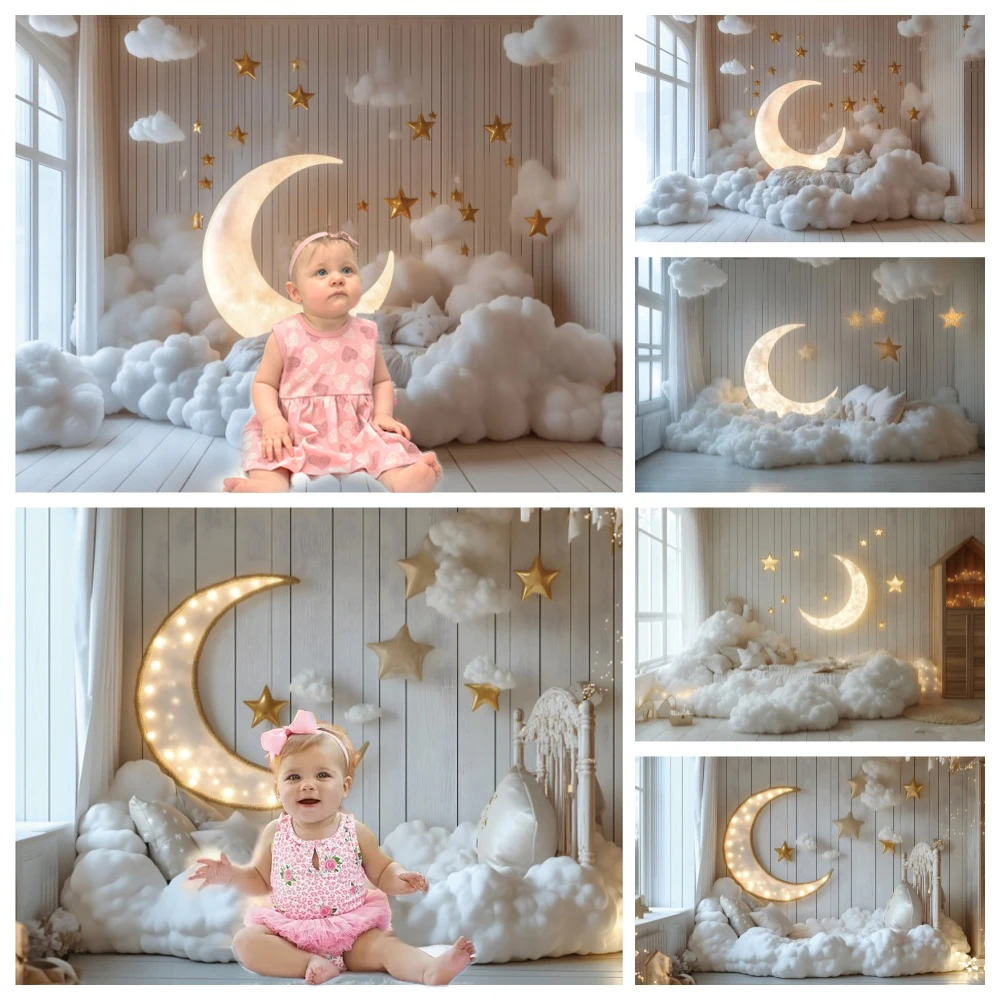 

White Wall Moon Stars Photography Backdrop Indoor Baby Shower Birthday Party Decoration Pregnant Woman Art Portrait Background