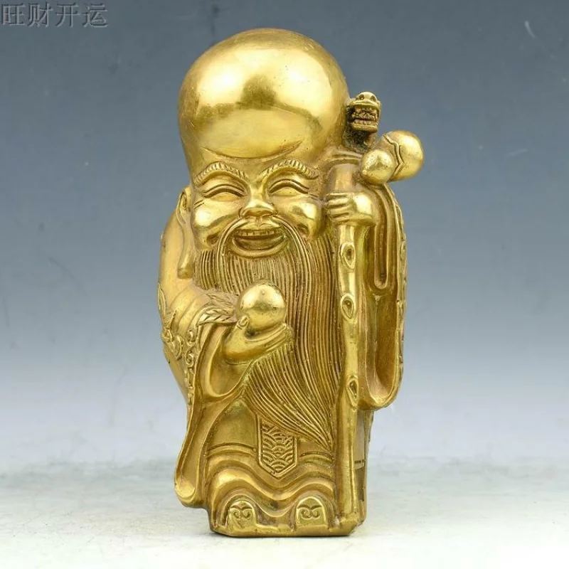 Antique Chinese Brass Handmade Old Man Longevity Gourd Dragon Stick Statue