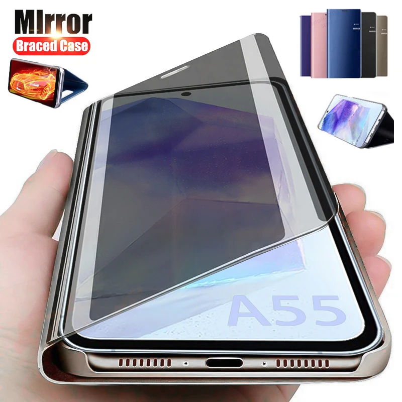 Leather Mirror Flip Phone Case For Samsung Galaxy A55 A36 A16 A35 A25 A54 A34 A24 A15 A14 A73 A53 A33 A72 A52 Shockproof Cover