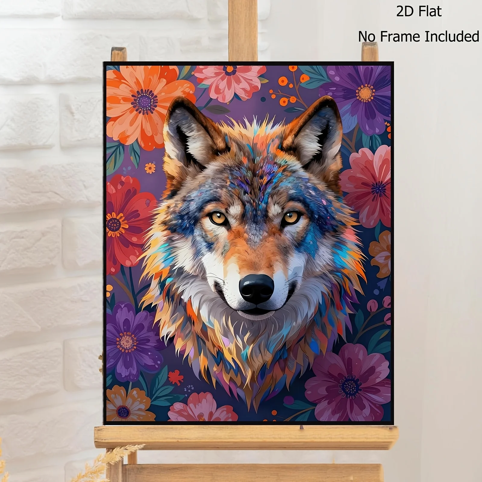 [2D Flat Frameless][Professional Art Use] Paint by Numbers Oil Painting Kit, Wild Wolf Head with Colorful Fur on a Colorful Flor