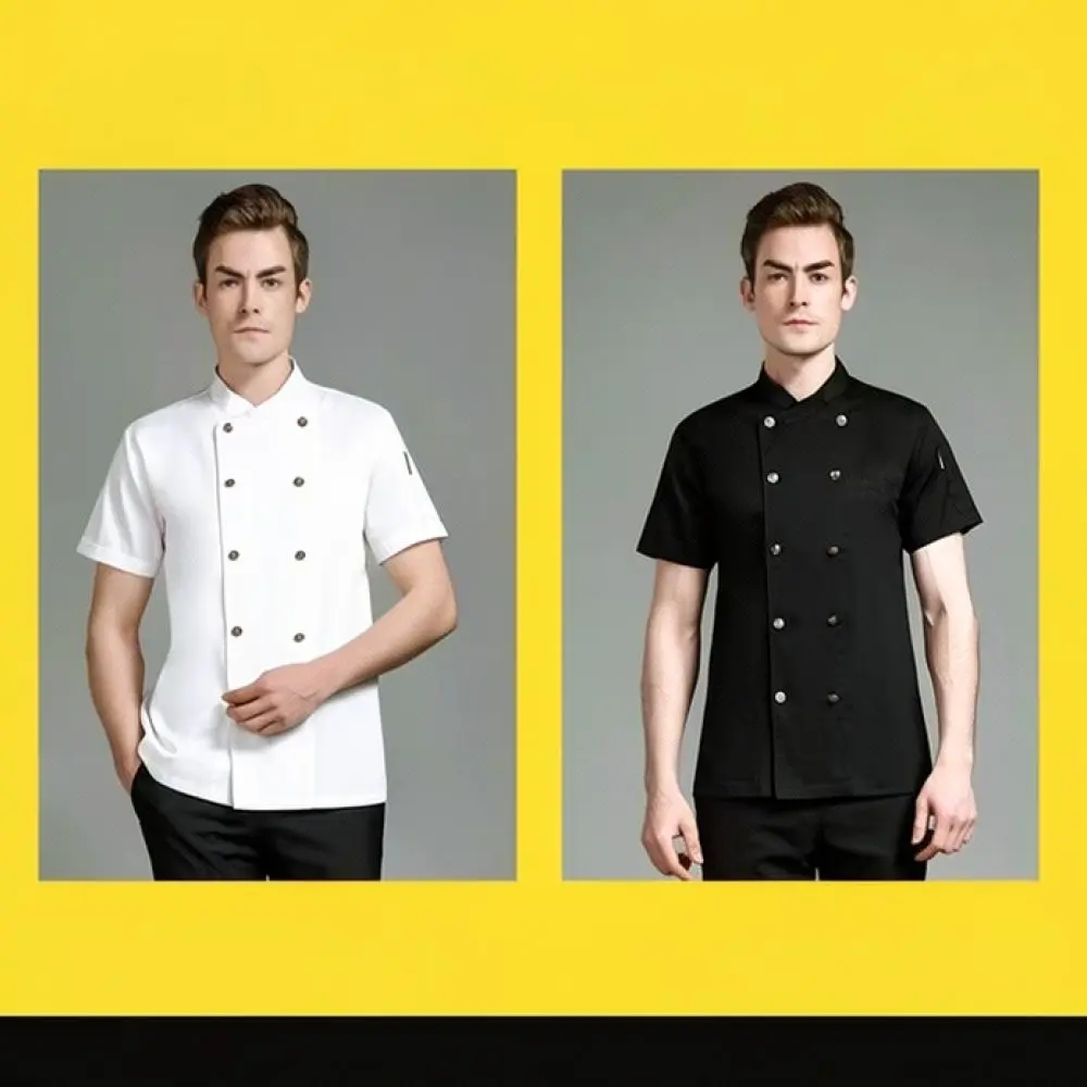 Mens Chef Uniform Breathable Cotton Kitchen Cooking Apparel Elastic Summer Restaurant Catering Waiter Work Jacket Shirt