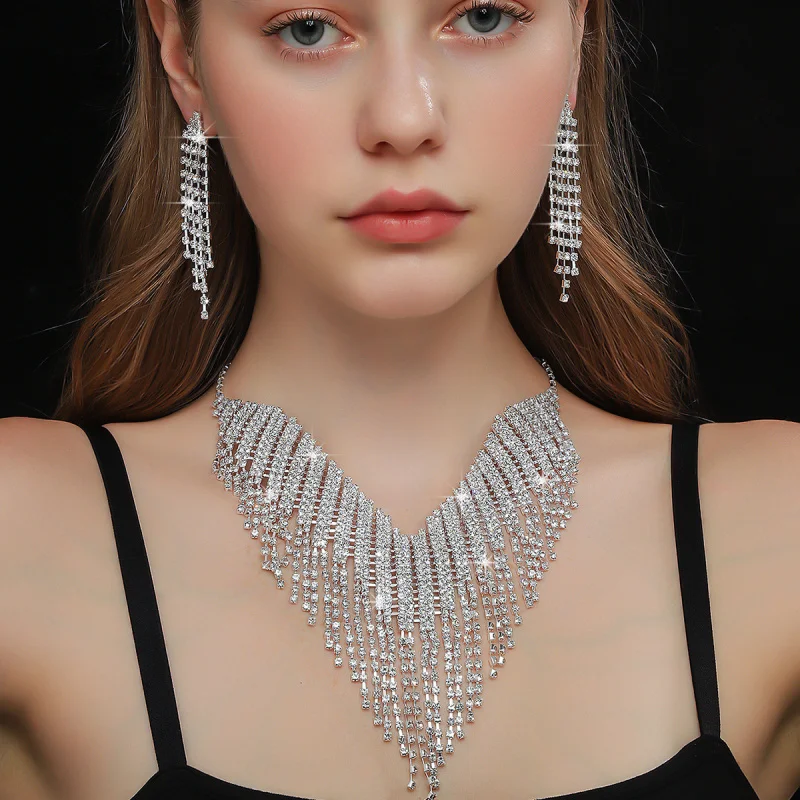 

European and American Cross-Border Hot-Selling Rhinestone Tassel Collarbone Chain New Exaggerated Full Diamond Earrings Necklace