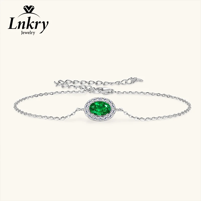 

Lnkry 4x6mm Oval-Shaped Artificial Emerald Bracelet 925 Certified Original Silver Chain Bracelets for Women Open Hand Jewelry