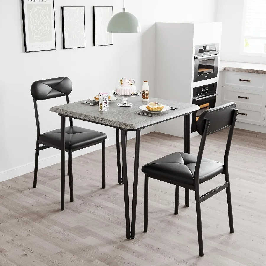 3-Piece Kitchen Dining Room Table Set: Square Dining Table and Upholstered Chairs in Gray, Modern Space-Saving Dinette for Apar