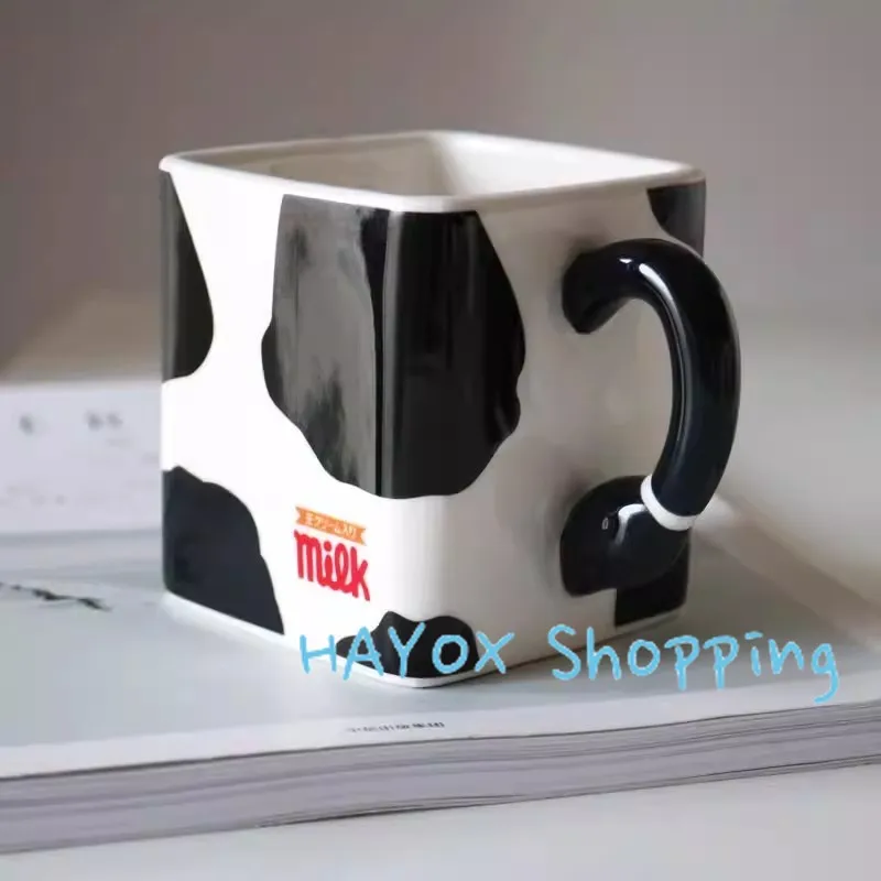 

Black White Cream Pattern Ceramic Milk Mug Japanese Style Underglaze Color Creative Cube Water Cup Children Birthday Gift