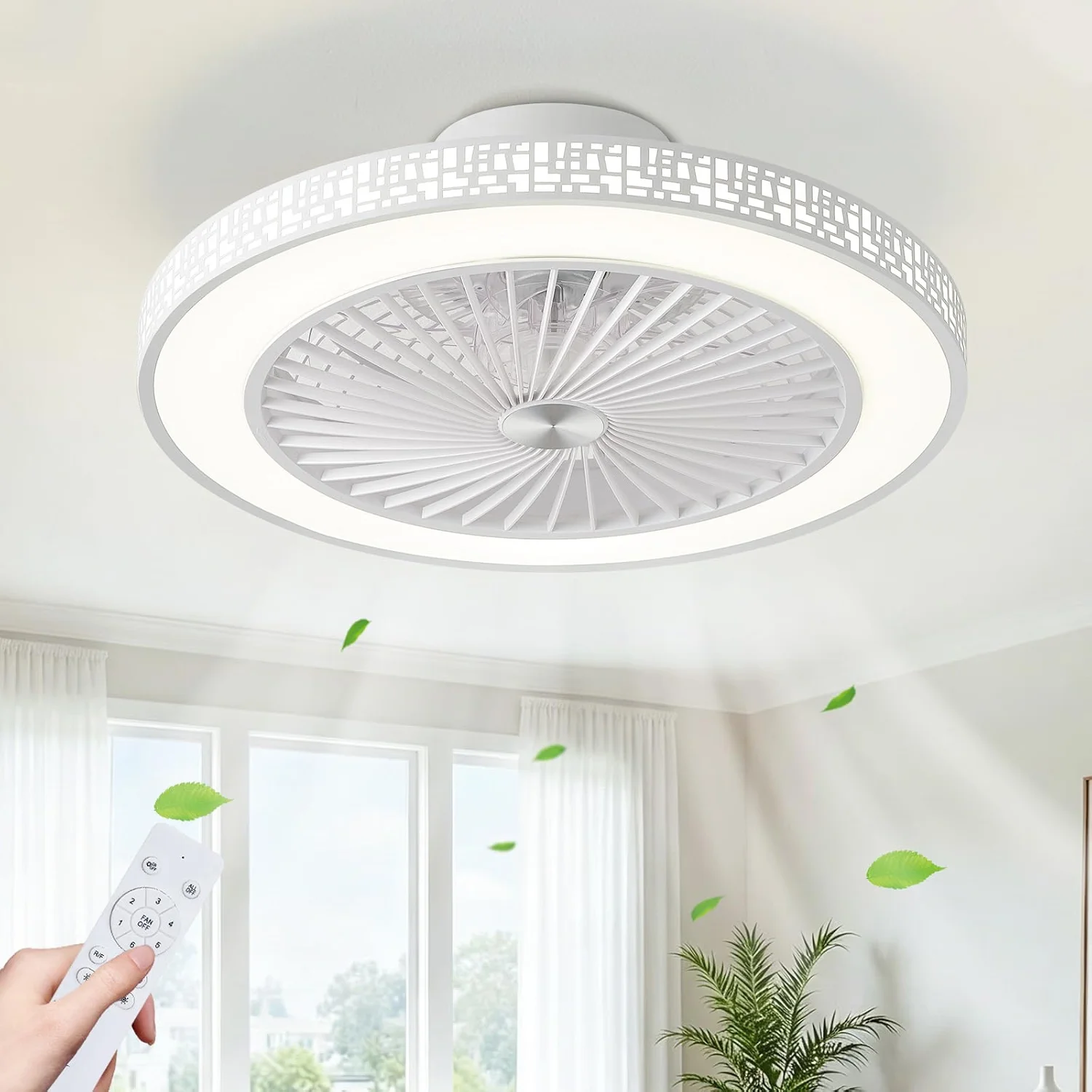 Modern LED Flush Mount Ceiling Fans with Light and Remote, 6 Speeds Quiet Dimmable Reversible Ceiling Fans Light Fixture, Timing Low Profile Ceiling Fan Light for Living Room, Kitchen, Dining Room