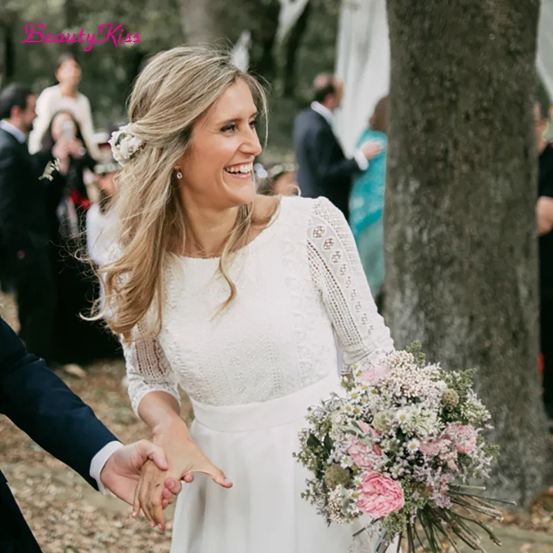 3/4 كم فستان الزفاف الشيفون للعرائس 2026 الدانتيل عارية الذراعين بوهو أنيقة زي العرائس البوهيمي رداء حفلات الزفاف