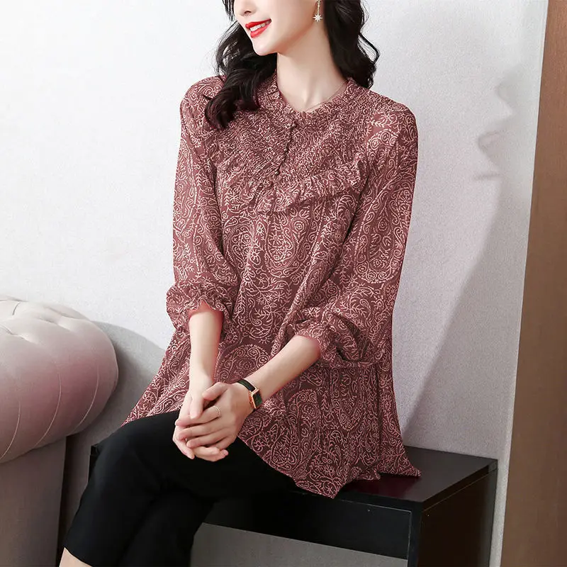 Fashion Chiffon Women Spring Summer Casual Loose Blouses Elegant O-Neck Long Sleeve Ruffles Shirts Pullover Tops Female Clothing