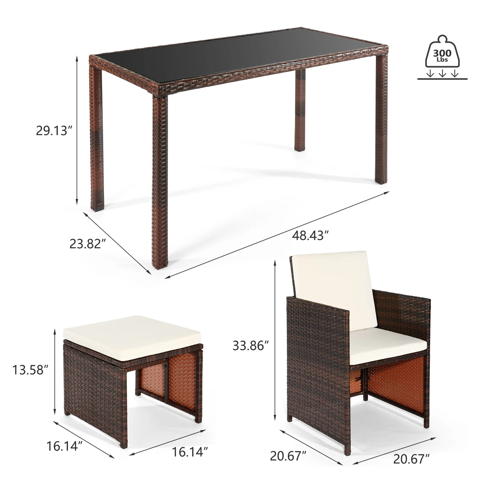 [Flash Sale]5-Piece Rattan Dining Table Set Include 1 Rectangle PE Wicker Table+2 Armchairs+2 Ottoman for Patio Poolside Garden