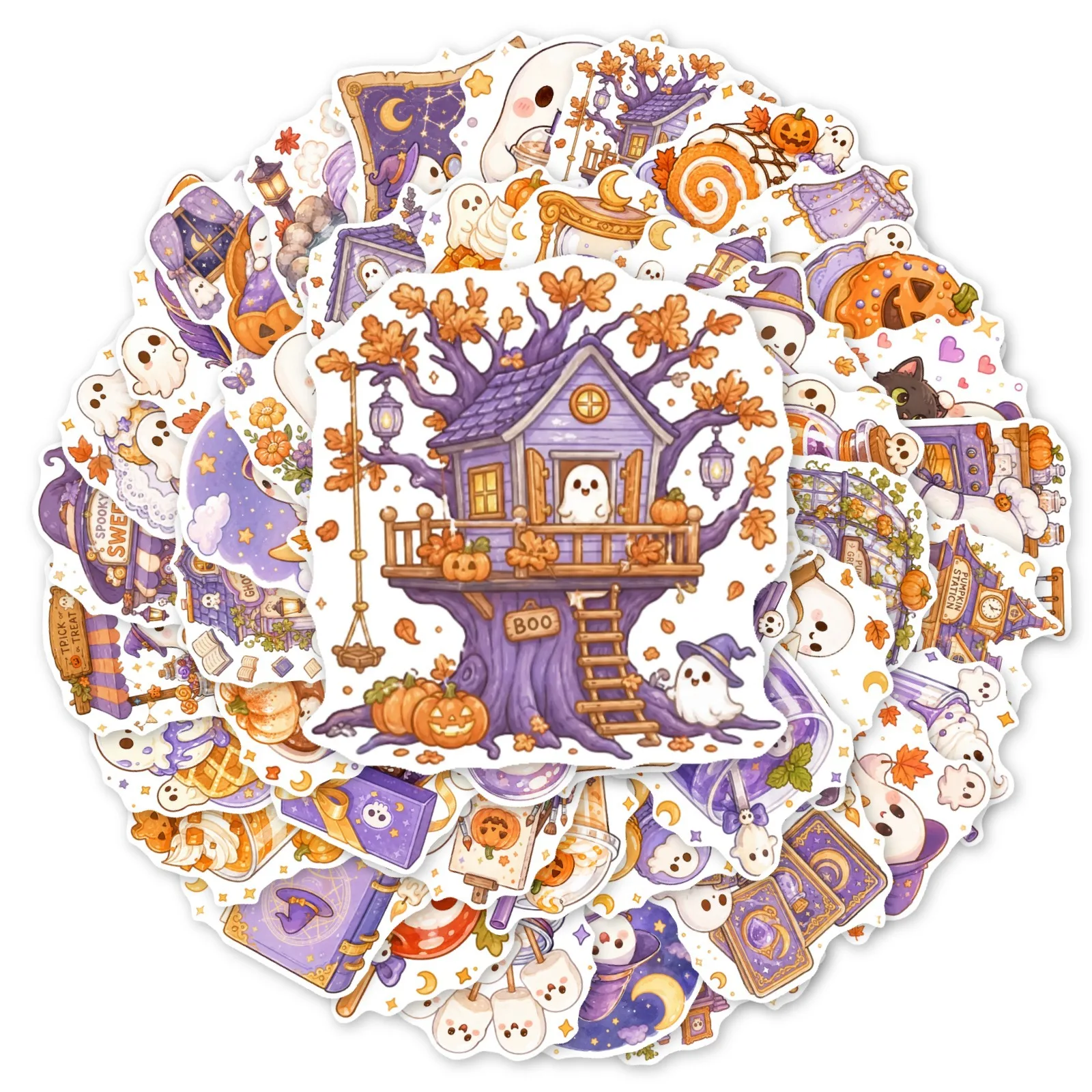 50Pcs Cute Halloween Stickers Ghost Pumpkin Cabin Decals For Phone Laptop Suitcase Notebook Skateboard Waterproof Stickers