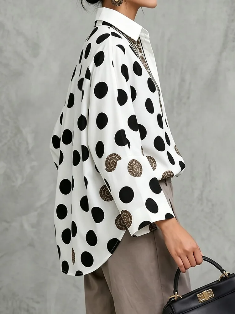 Yeezzi Damen Retro Polka Dot Bedrucktes Hemd Oberteile 2026 Neu Langarm Oversized Elegante Büro-Arbeitsblusen mit Revers für Damen – Detail 7