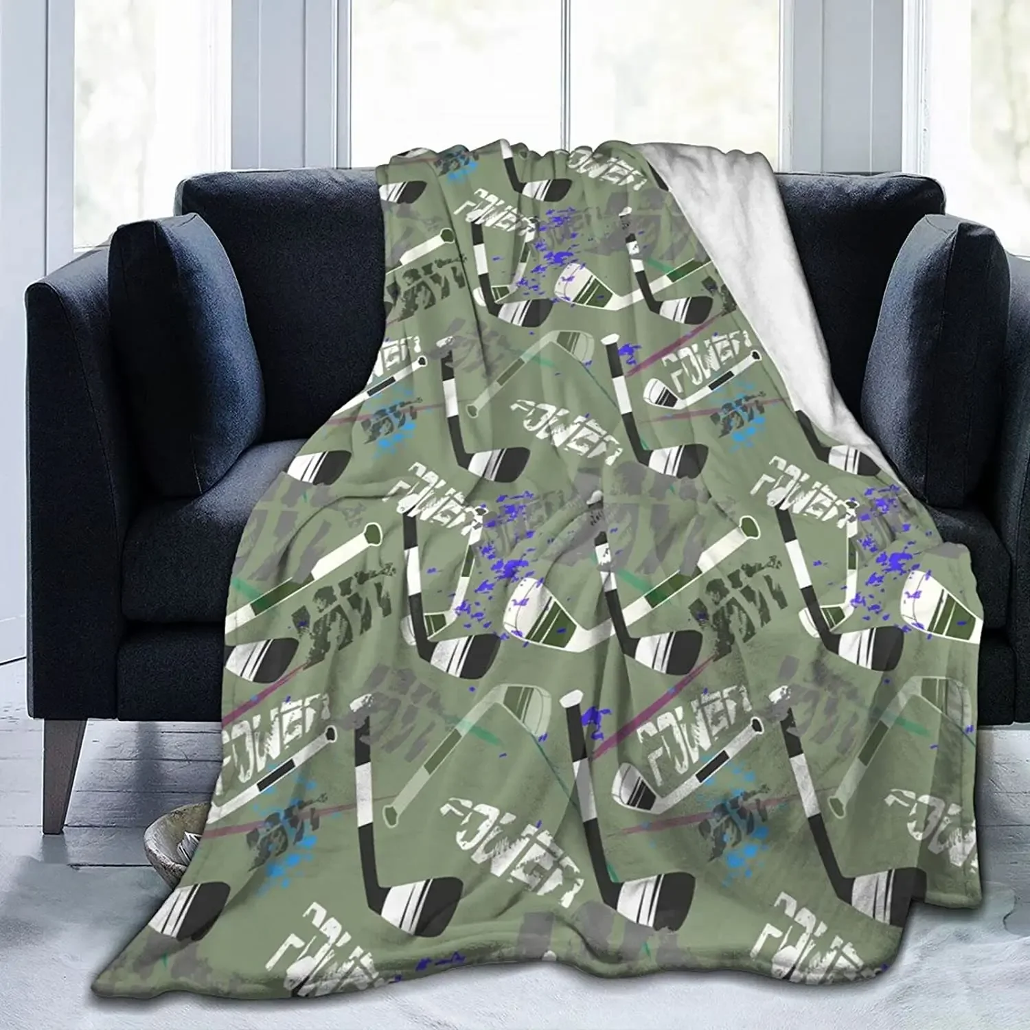 Ice Hockey Flannel Throw Blanket Winter Sport Pattern Blanket for Bed Sofa Couch Warm Lightweight Super Soft King Queen Size