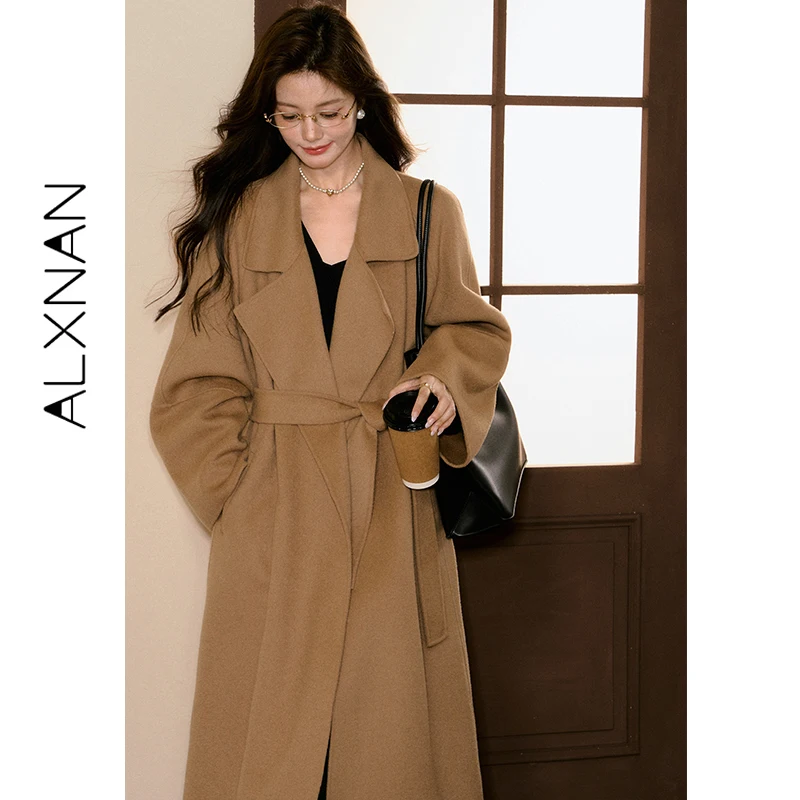 ALXNAN Women Belted Long Wool Coat Minimal Elegant Camel Lapel Collar Self Tie Wais Warm Fall Winter Outerwear Overcoat L58160