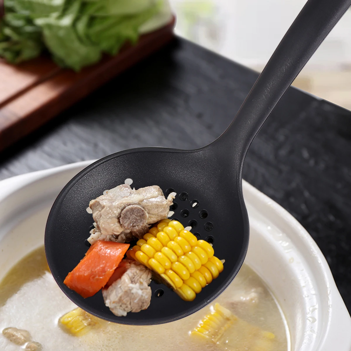 

Silicone Black Slotted Scoop Ergonomic Non Stick Cooking Utensils Heat Resistant Kitchen Tools for Home Restaurant