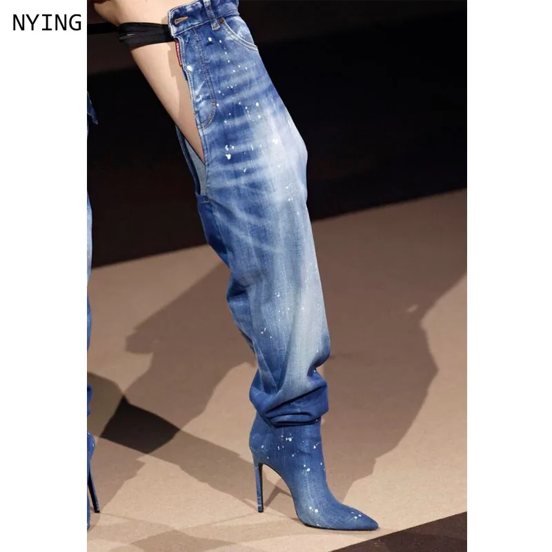 2026 Denim Pants Boots Pointy Toe Pleated Over The Knee Boots for Women Winter Casual Rivet Pocket Decor Patchwork Jeans Shoes