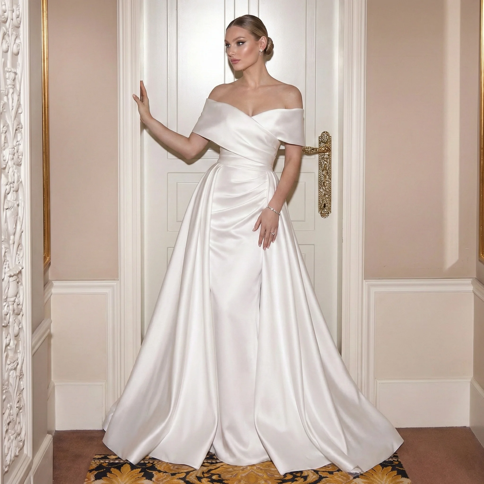 

Customized Satin Wedding Dress Off Shoulder Train Floor Length Gown for Bride 2026 Elegant Minimal Modern Vestidos De Noiva