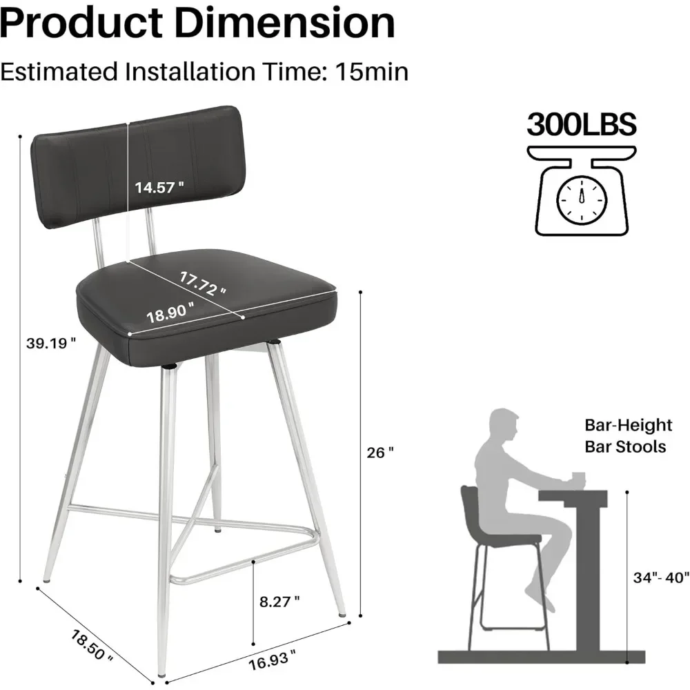 26 Inch Counter Height Bar Stools Set of 4, Swivel Bar Stools with Backs and Metal Frame, Upholstered Faux Leather Bar Stools