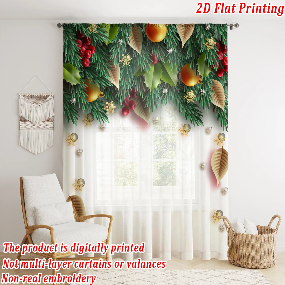 ستارة شفافة مطبوعة مسطحة لعيد الميلاد مع زخرفة ندفة الثلج على شكل ورقة عيد الميلاد لغرفة المعيشة وغرفة النوم وحفلات العطلات