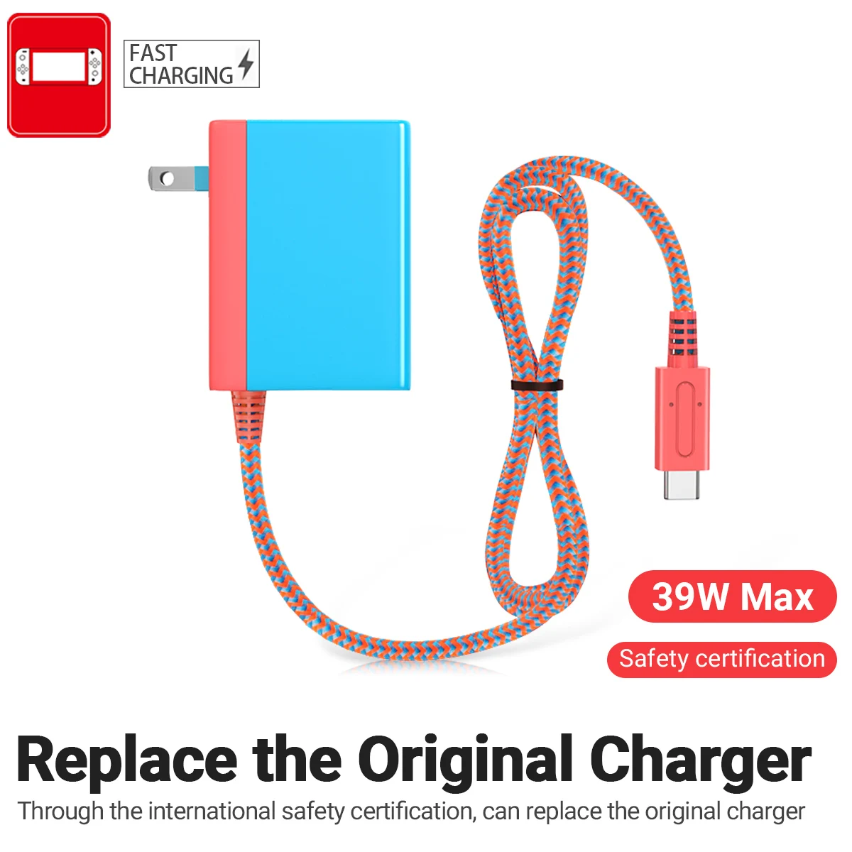 39w Type-c Charger, Red And Blue Power Adapter With USB-C Cable, Suitable For Mobile Phones, Laptops, Switch