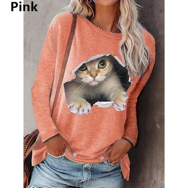 2023 Autumn Winter Womens Clothing Casual Loose T-Shirts Femme Long Sleeve Hoodies Cute Cat Print Pullover Ladies Round Neck Top