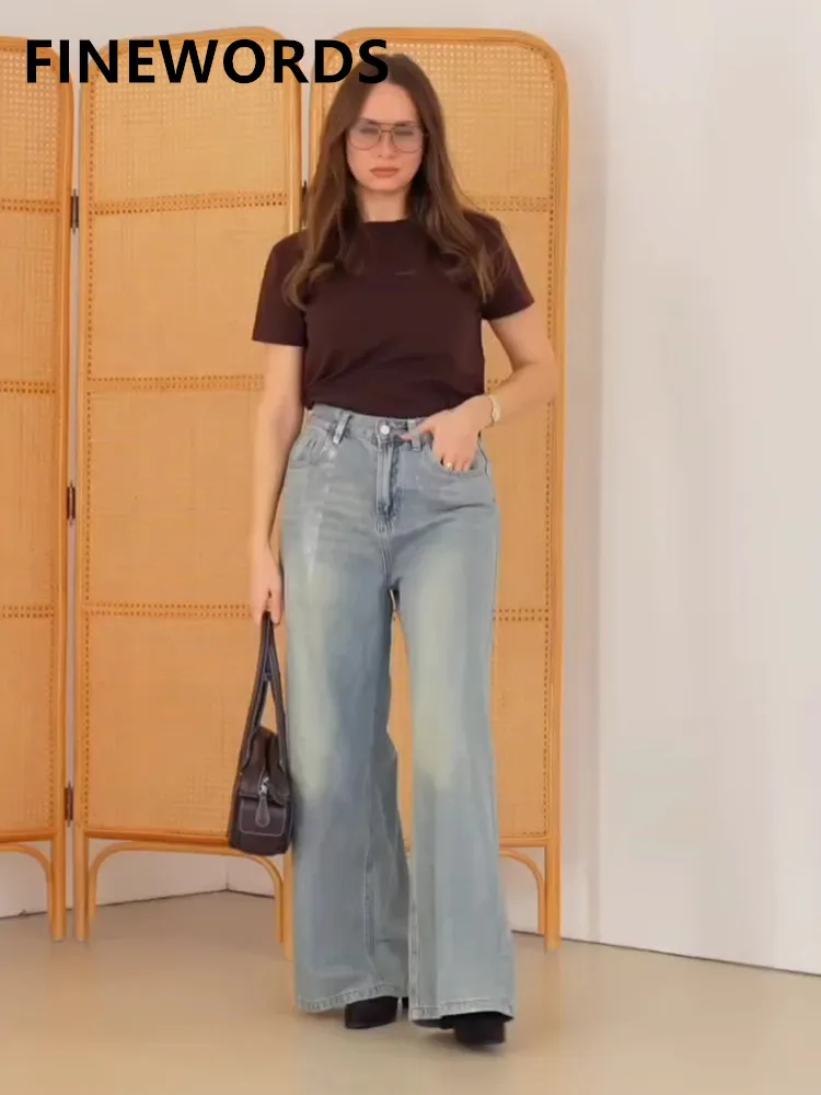 FINEWORDS الفضة احباط ختم عالية الخصر الجينز النساء واسعة الساق الكورية جينز غير رسمي الشارع الشهير Harajuku فضفاض الرجعية غسلها الجينز