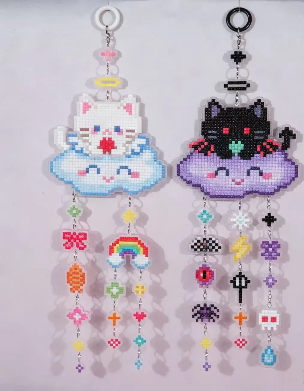 FOREVERYOUNG 5D Diamond Painting Hanging Ornament Set, Cute Cat & Gothic Black Cat Acrylic Wind Chime Kit, DIY Diamond Art