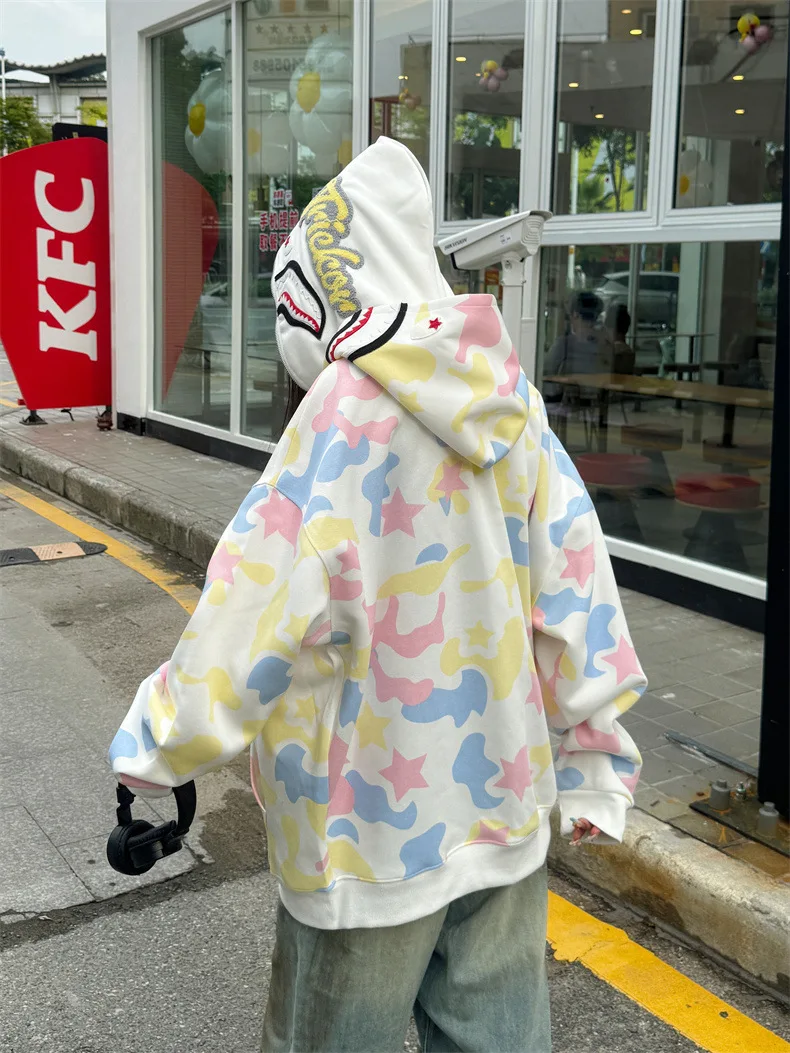 Women Retro Hip Hop Trendy Hoodie Camouflage Sweatshirt New Autumn Couple Zipper Open Cardigan Jacket Loose Fit Casual Wear